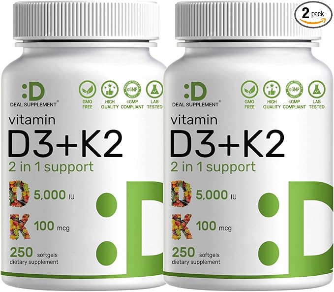 DEAL SUPPLEMENT 2 Pack Vitamin D3 5000 IU + K2 MK7 Softgels 500 Count | 2-in-1 Complex | Supports Heart Bone Teeth &amp Immune Health | Easy to Swallow