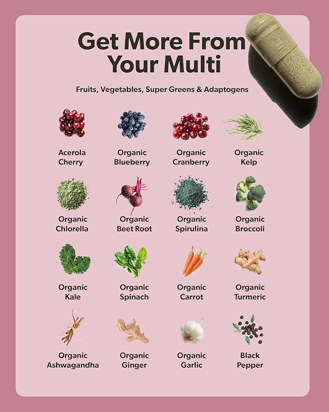 Multivitamin for Women - Daily Women’s Multivitamin - Methylated B Complex with Whole Food Ingredients Vitamin B12 Folate A C D3 E K2 Organic Fruits &amp Vegetables - Vegan Non-GMO - 60 Caps