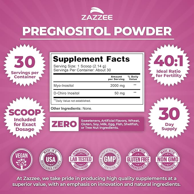 Zazzee PREGNOSITOL Powder 30 Day Supply Myo-Inositol and D-Chiro-Inositol 40:1 Fertility Blend Free Scoop for Exact Dosage Premium Balanced Formula 30 Servings Vegan All-Natural and Non-GMO