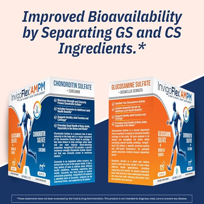 INVIGOFLEX Glucosamine &amp Chondroitin Sulfate - Turmeric Curcumin - Boswellia Serrata (Non GMO) 24 - Hour Premium Joint Supplement AMPM - 3 Pack