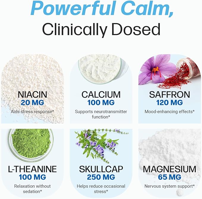 Life Happns Calm &amp Mood Support for Adults – Doctor-Formulated with Saffron Magnesium L-Theanine &amp Skullcap for Stress Relief &amp Emotional Balance | Non-Drowsy Natural Relaxation Suppleme