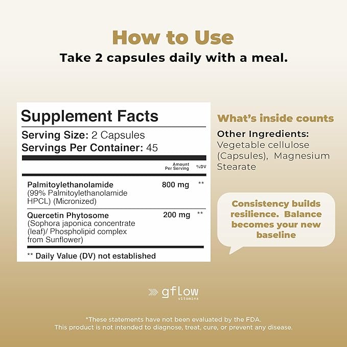 gflow vitamins Pea Supplement with Quercetin Phytosome 1000 mg | Micronized Pea (Palmitoylethanolamide) 99% Highly Purified | Discomfort Relief Supplement in Capsules Made in The USA