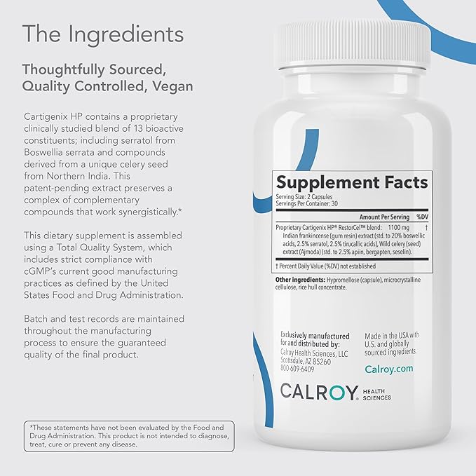 Calroy Cartigenix HP Joint &amp Cartilage Support Supplement - for Men and Women - Supports Flexibility Mobility &amp Comfort – 60 Vegan Capsules