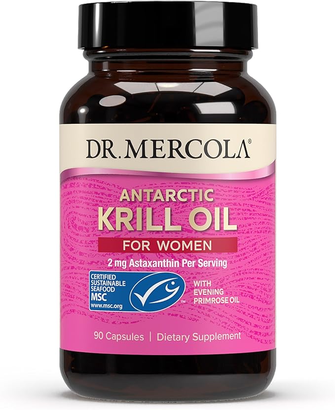 Dr. Mercola Krill Oil for Women - 2 mg Astaxanthin - MSC Certified Sustainable - Supports Brain Skin &amp Immune Systems - with Omega-3s - Non-GMO Gluten-Free &amp Soy-Free - 90 Capsules (30 Servi