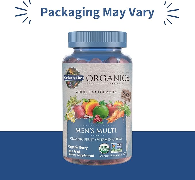 Garden of Life Organics Men's Gummy Vitamins - Berry - Certified OrganicNon-GMOVeganKosher Complete Multi - Methyl B12C &amp D3 - GlutenSoy &amp Dairy Free120 Real Fruit Chew Gummies(Pack of