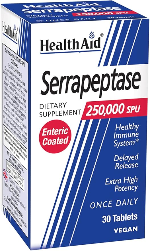 HealthAid Serrapeptase 250000 SPU – Extra High Potency Once-Daily Enteric-Coated Vegan Tablets | Delayed-Release Proteolytic Enzyme for Systemic Enzyme Support