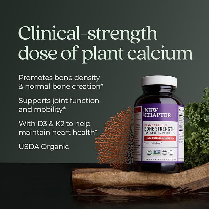 New Chapter Calcium Supplement - Bone Strength Plant-Based USDA Organic Calcium with Magnesium Vitamin D3+K2 for Bone Health &amp Joint Mobility Heart Support 905 mg dose - 180 Slim Tablets