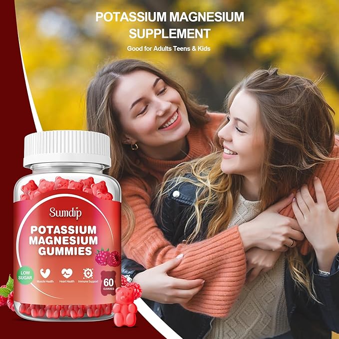 Magnesium Potassium Gummies Muscle &amp Heart Health Leg Cramps and Sleep Potassium Supplements Vegan Gummy Non-GMO Gluten Free 60 Gummies-2 Pack Raspberry