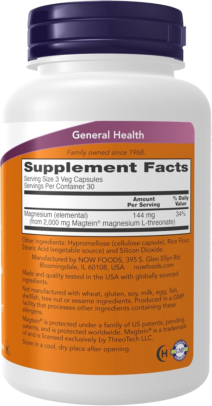 NOW Foods Supplements Magtein™ with patented form of Magnesium (Mg) Cognitive Support* 90 Veg Capsules