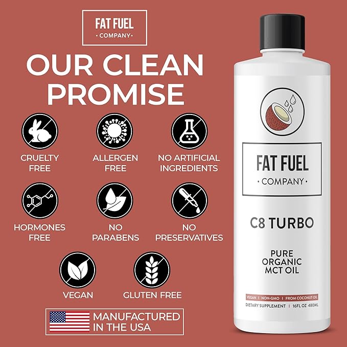 Fat Fuel C8 MCT Oil - Pure and Organic Body Fuel from Coconuts Keto Supplement for Energy and Focus - 16 Fl Oz