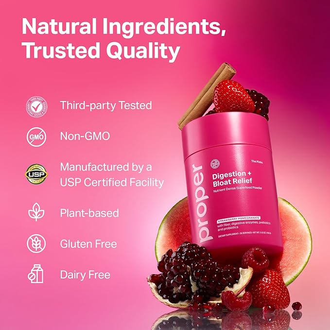 Proper The Pinks Digestion and Bloat Relief. Drink Mix with Gut Health Probiotics Prebiotics Beet Root &amp Enzymes for Digestive Support. Bloating and Microbiome Supplement for Women and Men
