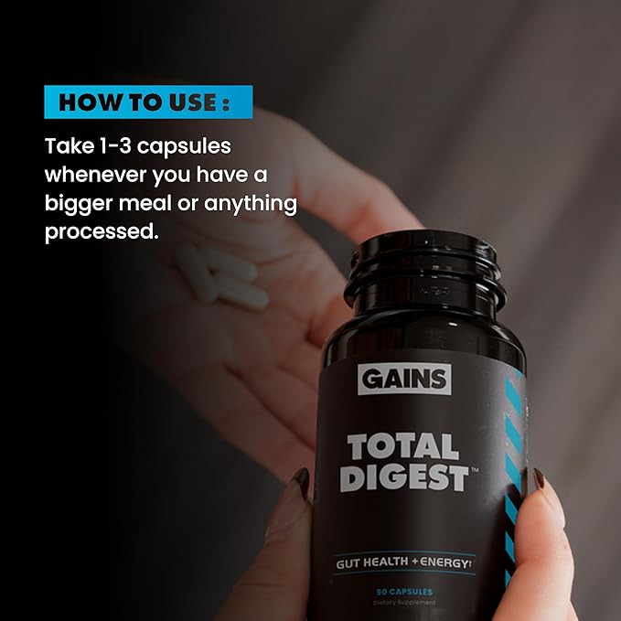 Gains in Bulk Total Digest Digestive Enzymes Prebiotics and Probiotics for Digestive Health Bloating Support Gut Health for Women and Men Promotes Protein Carb and Fat Digestion 90 Capsules