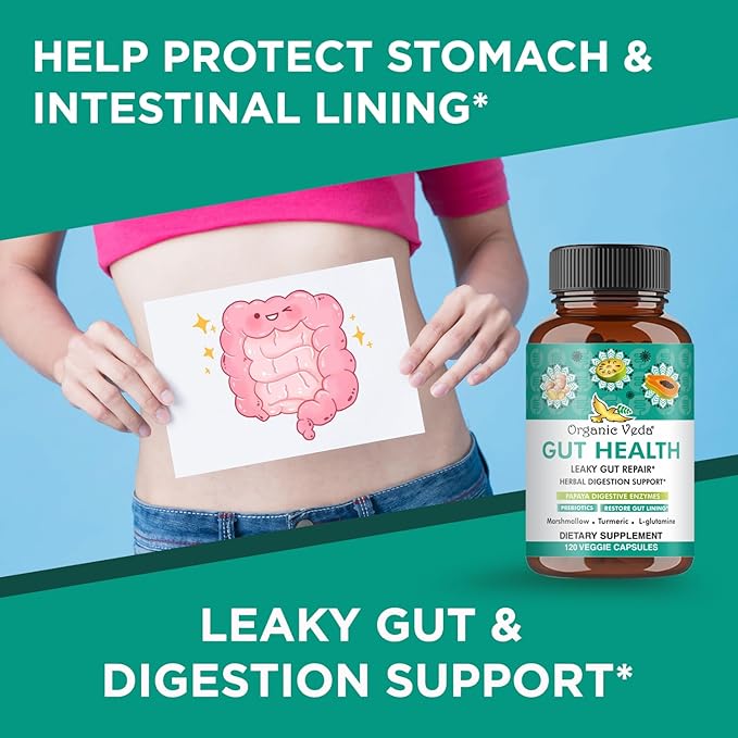 Organic Veda Marshmallow Turmeric Gut Supplement - Digestion Health Leaky Gut Repair &amp Cleanse Support - Papaya Digestive Enzymes Prebiotics L-Glutamine Green Banana Psyllium Husk - 120 Capsu