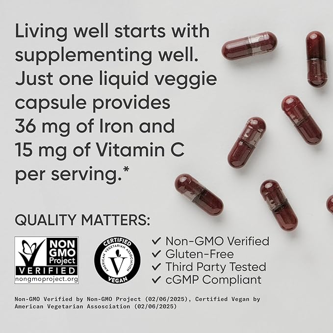 Sports Research® Blood Balance Iron Supplement - 36 MG Iron + Folate &amp Vitamin C for Absorption - Red Blood Cell Support for Women &amp Men* - Vegan Certified · Non-GMO · Gluten-Free - 90 Capsule