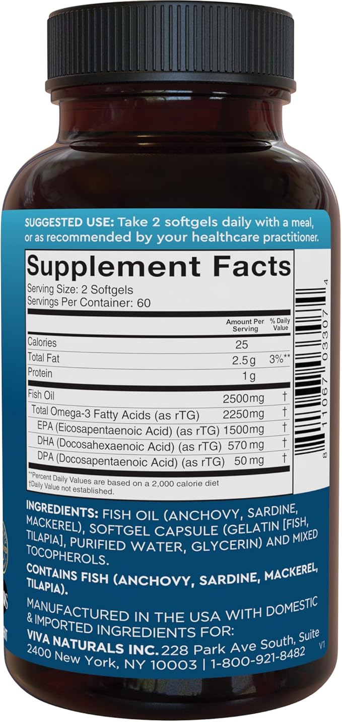 Viva Naturals Omega 3 Fish Oil Supplement for Women and Men - 2500 mg Triple Strength Fish Oil Pills with Re-Esterified Omega 3 Fatty Acids Including EPA DHA DPA - 120 Pescatarian-Friendly Softgels