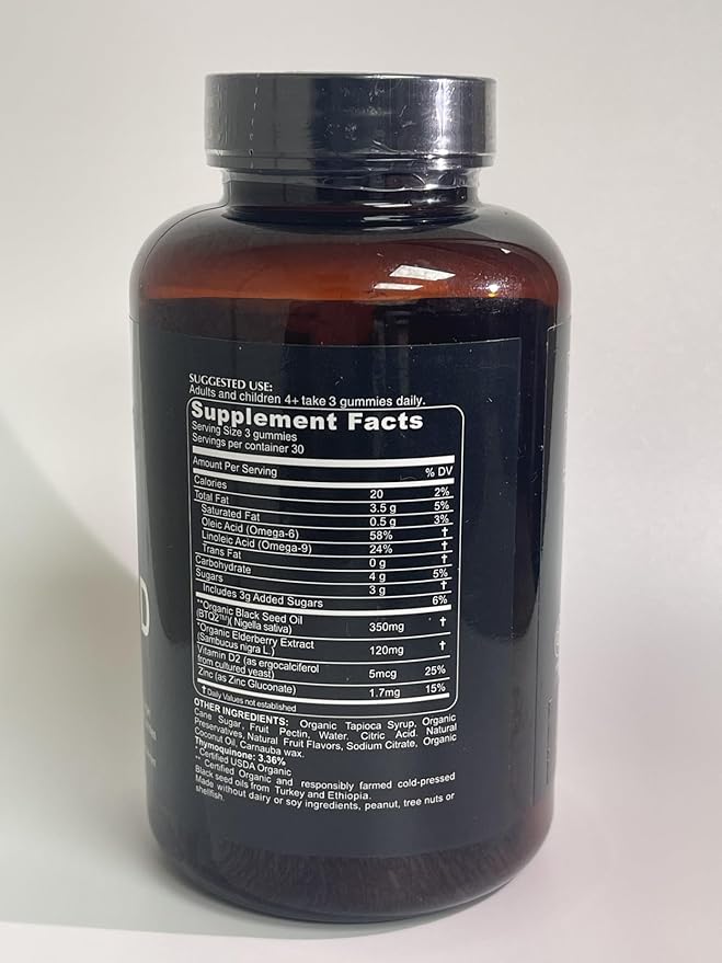 Black Seed Oil Gummies with Elderberry Extract Organic 90 Count Daily Supplement for Adults and Children 4+