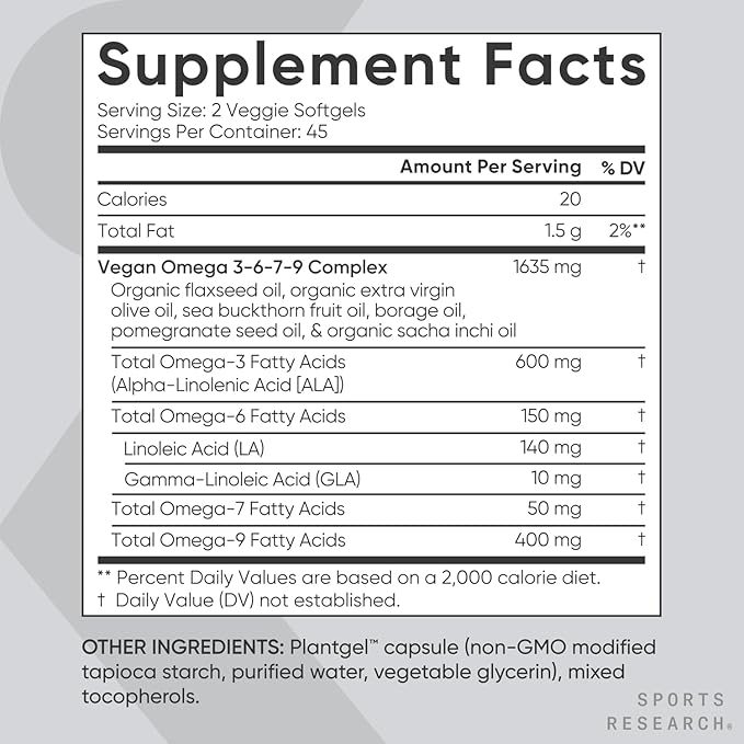 Sports Research® Vegan Supplements Pack - Vegan Omega 3-6-7-9 - 1200 mg of Multi-Spectrum Omega Fatty Acids + D3 + K2 + CoQ10 (100mg)