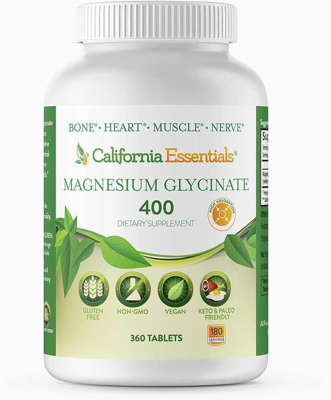 California Essentials Magnesium Glycinate 400 - Chelated High Absorption Elemental Magnesium for Muscle Relief Bone &amp Heart Support -Vegan Non-GMO Gluten-Free (360 Counts (Pack of 1))
