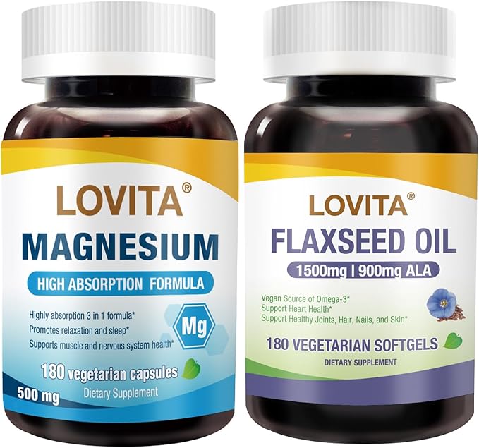 Lovita Cold-Pressed Flaxseed Oil softgel + Magnesium 800 Tablets Nutrient Bundle