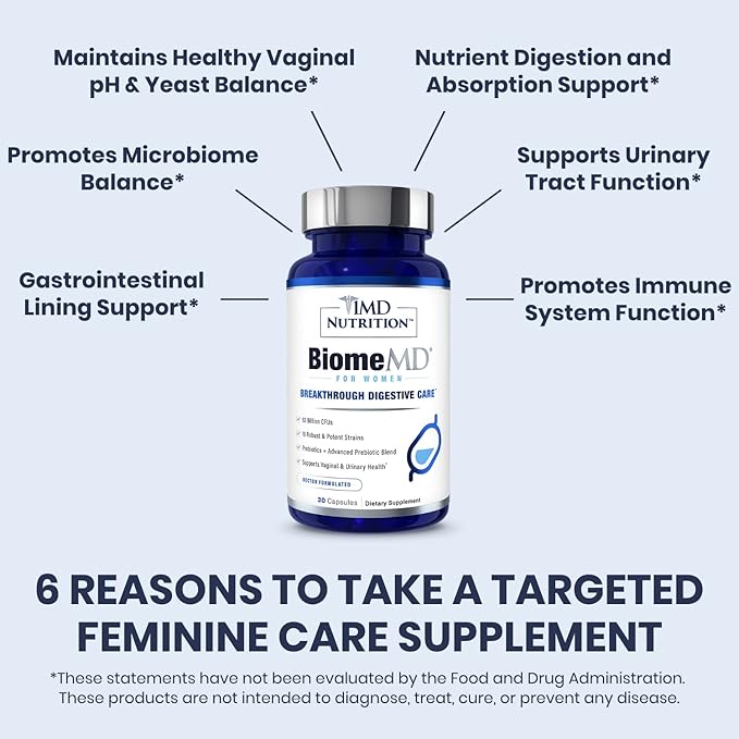 1MD Nutrition BiomeMD Probiotics for Women - 62 Billion CFUs 16 Strains with Prebiotics | Supports Vaginal &amp Urinary Health - Doctor-Formulated | 30 Capsules (2-Pack)