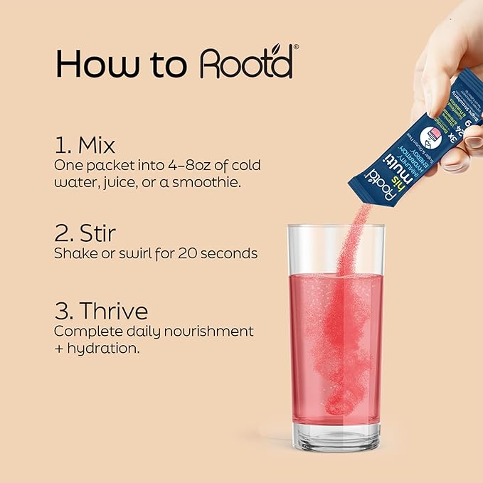 Root'd Multivitamin Powder for Men - 24 Vitamins &amp Minerals with 3X Electrolytes 9 Organic Superfoods Probiotics &amp Enzymes Sugar-Free Multivitamin &amp Hydration | 15 Vitamin Drink Mix Pac