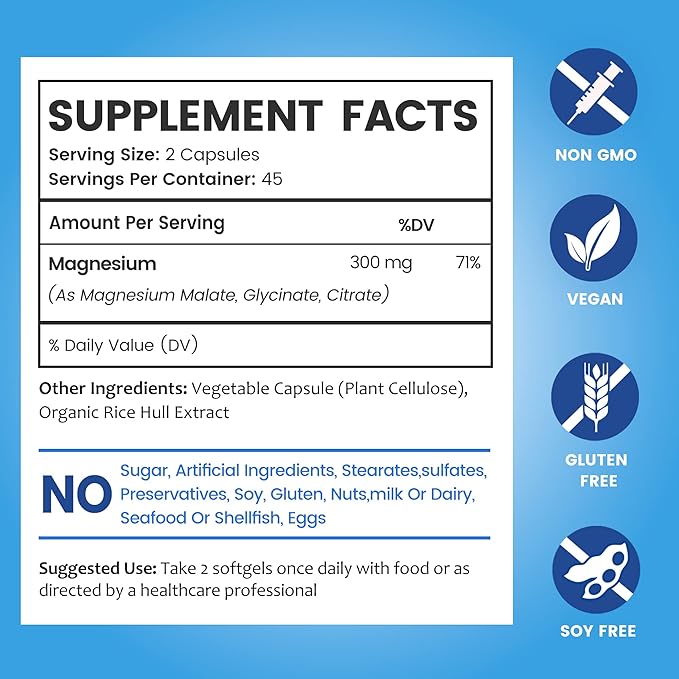 BioEmblem High Absorption Triple Magnesium Complex 300mg | Magnesium Glycinate for Nerves Malate for Energy Magnesium Supplement to Support Muscle Health | Vegan Non-GMO 180 Capsules