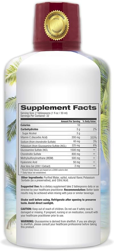 Tropical Oasis Joint Complete Premium - Liquid Joint Supplement with Liquid Glucosamine Sulfate Chondroitin MSM &amp Hyaluronic Acid - 96% Max Absorption– 32oz 32 serv 33484
