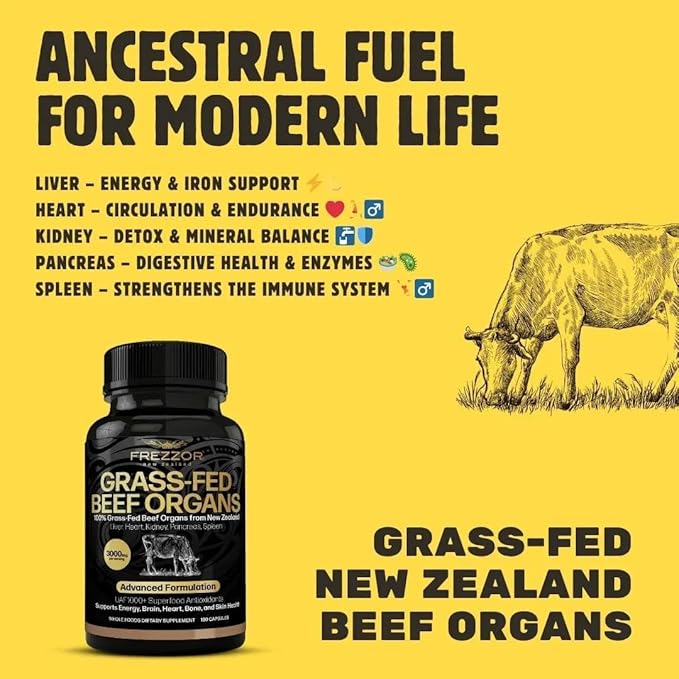 FREZZOR New Zealand 100% Live-Grass-Fed Beef Organs Complex Supports Whole Body Wellness and Energy with Proprietary Blend of Liver Heart Kidney Pancreas &amp Spleen Non-GMO 3000mg 720 Capsule