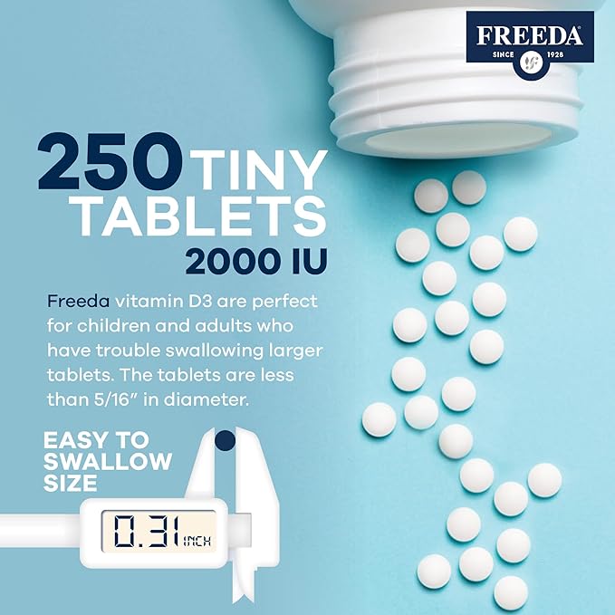 FREEDA Pure Vitamin D3 2000 IU – Moderate Strength – Bone Health Joint Muscle &amp Immune Support – VIT D3 Vitamin D Supplement for Women &amp Men – 50 mcg 2000 IU Easy-to-Swallow (250 Tiny Table