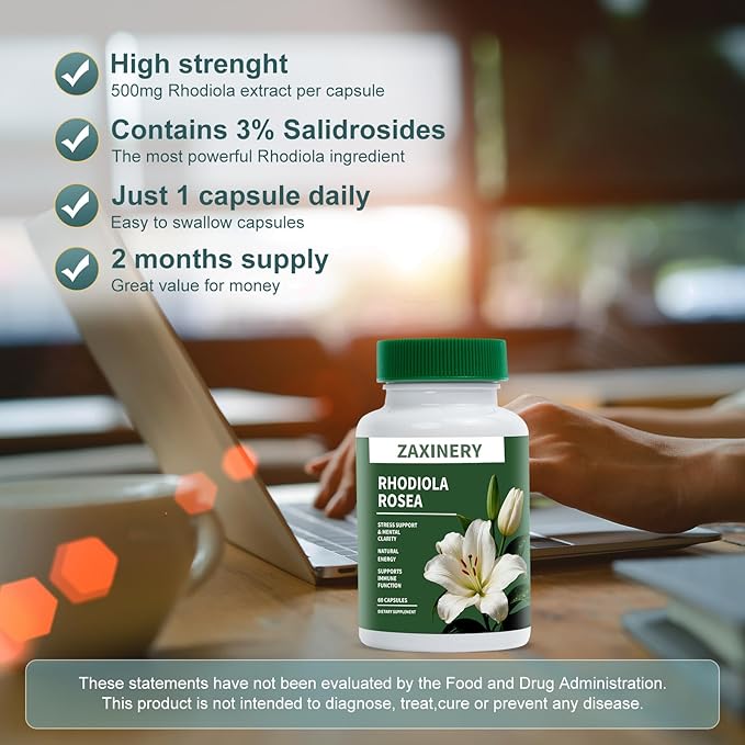Rhodiola Rosea Supplement 500mg - Rhodiola Rosea Extract for Energy Stress Relief Mood and Focus - Adaptogenic Herb Supplement - Gluten Free &amp Non-GMO - 60 Vegan Capsules
