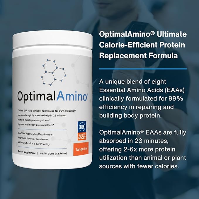 OptimalAmino Amino Acid Powder | 99% Utilized Essential Amino Acid (EAA) Supplement | Pre/Post Workout &amp Muscle Recovery | NSF for Sport Certified | Tangerine Flavor