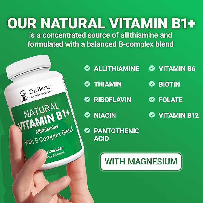 Dr. Berg Natural Vitamin B1 B6 B12 Complex - Allithiamine Vitamin B1 Supplement with 8 Essential Vitamin B Complex for Men &amp Women Including Thiamin Niacin Folate Magnesium &amp More - 60 Caps