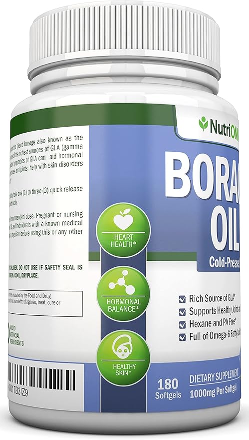 Borage Oil - 1000 mg - 180 Softgels - Cold Pressed High GLA Borage Seed Oil - Hexane and PA Free - Great for Skin Hair and Bones.