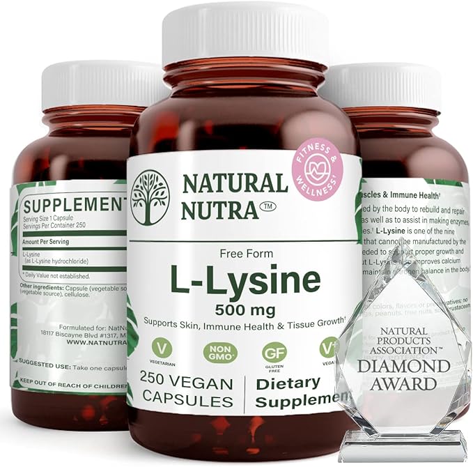 Natural Nutra L Lysine HCl Promotes Bone Health and Growth Support Skin Health Improve Vitamin C Absorption Helps Built Collagen Improve Calcium Absorption Non-GMO Vegan 500 mg 250 Capsules.