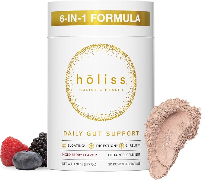 Daily Gut Health Powder 6-in-1 All Natural Supplement Slippery Elm L Glutamine Lemon Balm with PepZinGI - Bloat &amp Gas Relief GI Lining Repair IBS Support - Mixed Berry 30 Servings