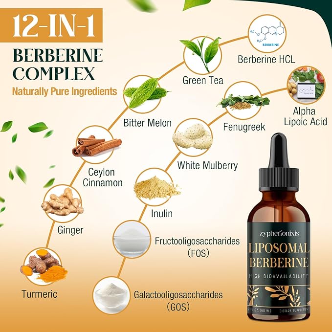 Liposomal Berberine HCL Supplement Liquid 3000mg - High Absorption Berberine Drops with Ceylon Cinnamon - 12-in-1 Formula AMPK Activator Sugar Free - 2 fl oz