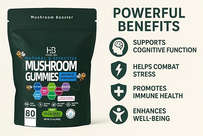 Organic Ashwagandha &amp Lions Mane Mushroom Gummies - Reishi Cordyceps Turkey Tail Maitake Shitake &amp Chaga Immune Support &amp defense Brain Boost Vegan All-in-One Superfood supplement