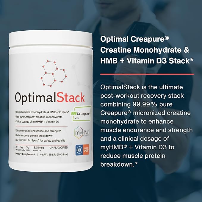 OptimalStack Creatine Monohydrate HMB &amp Vitamin D3 Stack | with Creapure Creatine Clinical Dosage of myHMB and Vitamin D3 | NSF for Sport Certified | Unflavored 30 Servings