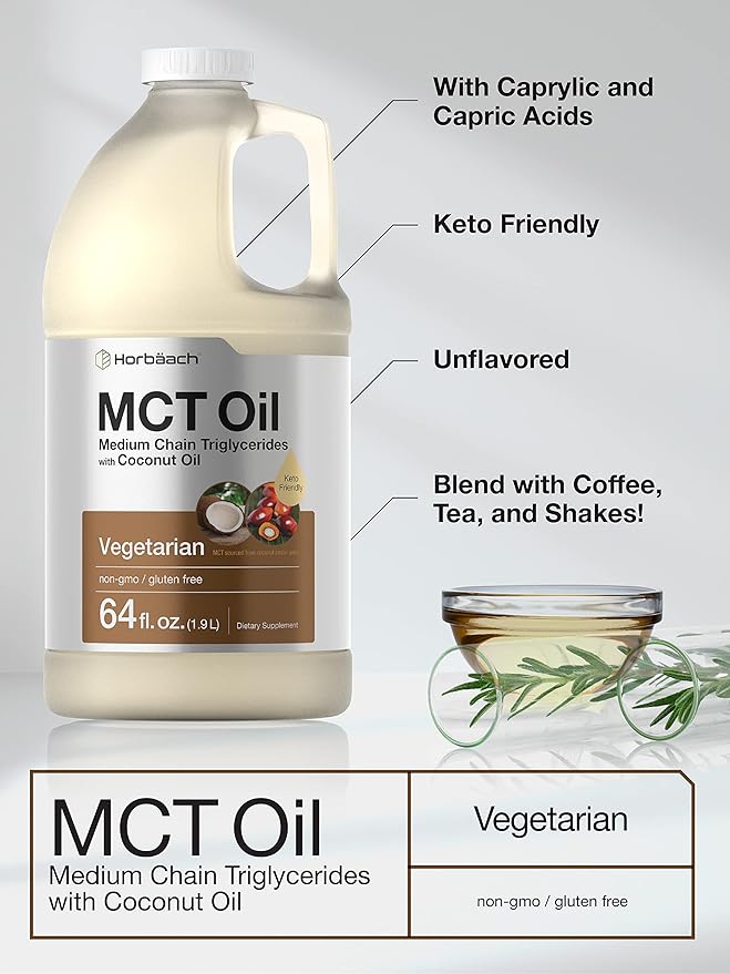 Horbäach MCT Oil 64 oz | 100% Pure | Blends with Coffee Tea Juice and Liquids | Value Size Unflavored Formula | Keto Vegetarian Non-GMO and Gluten Free