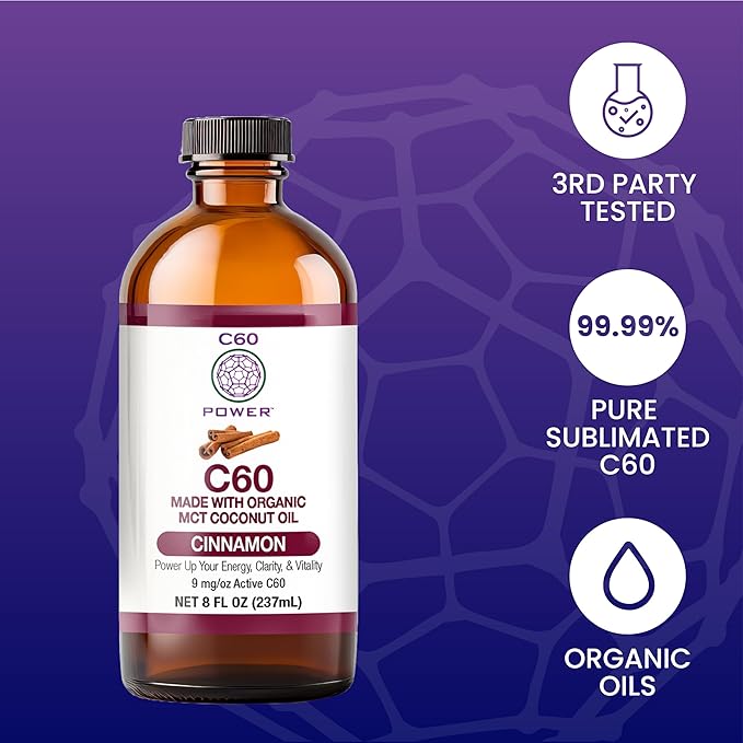 C60 Power Cinnamon Flavored C60 in Organic MCT Coconut Oil - Natural Wellness &amp Antioxidant Support for Men &amp Women 99.99% Pure Sublimated C60 Promotes Energy Clarity &amp Stamina - 8 fl