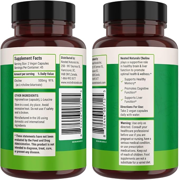 Nested Naturals Choline Bitartrate 500mg - High Potency Choline Supplements - Supports Cognitive Performance &amp Liver Function - 100% Vegan &amp Non-GMO Choline - 90 Vegan Capsules