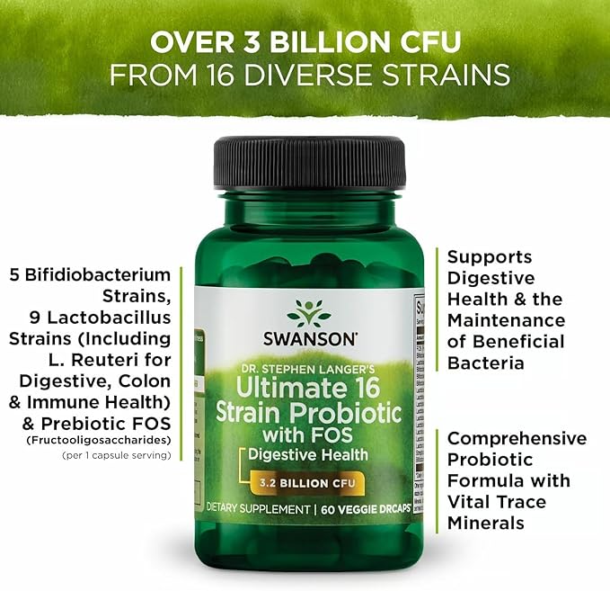 Swanson Dr. Stephen Langer's 16-Strain Probiotic with Prebiotic FOS for Gut-Health-Conscious Adults with 3.2 Billion CFU (60 Vegan Capsules 2 Pack)
