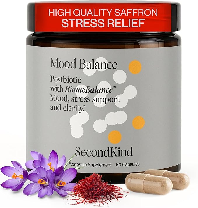 Anxiety &amp Stress Relief Supplement – Saffron &amp Postbiotic Supplement for Emotional Support – 1000x More Active Ingredients Than Probiotics. Made with BiomeBalance in the USA 60 Capsules | Sec