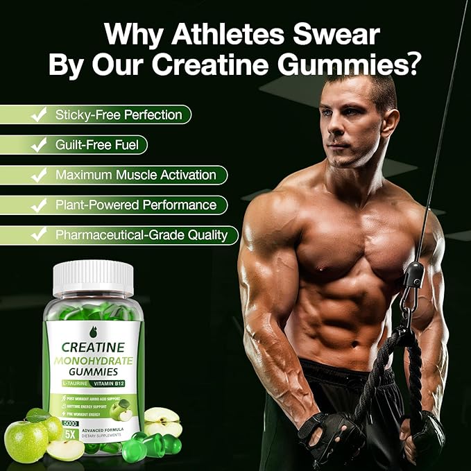 Creatine Gummies for Men &amp Women - Creatine Monohydrate Gummies 5g Low Sugar Creatine Supplement for Muscle Builder Energy Boost &amp Pre-Workout Supplement Green Apple Flavor 160 Gummies (2