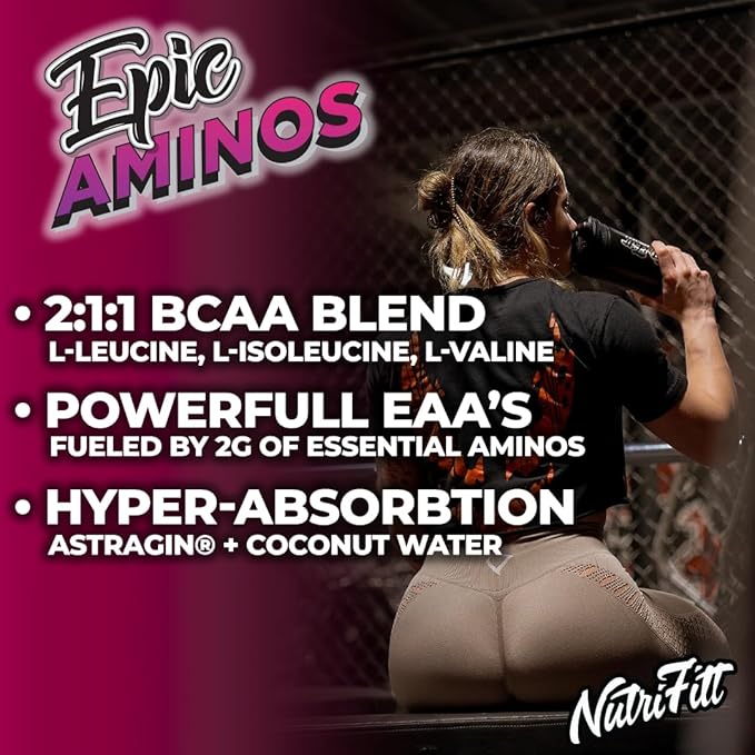 Nutrifitt Epic Aminos | Flavorful for Lean Muscle Growth | Muscle Recovery | Hydration + Endurance | 30 Servings | Pink Burst