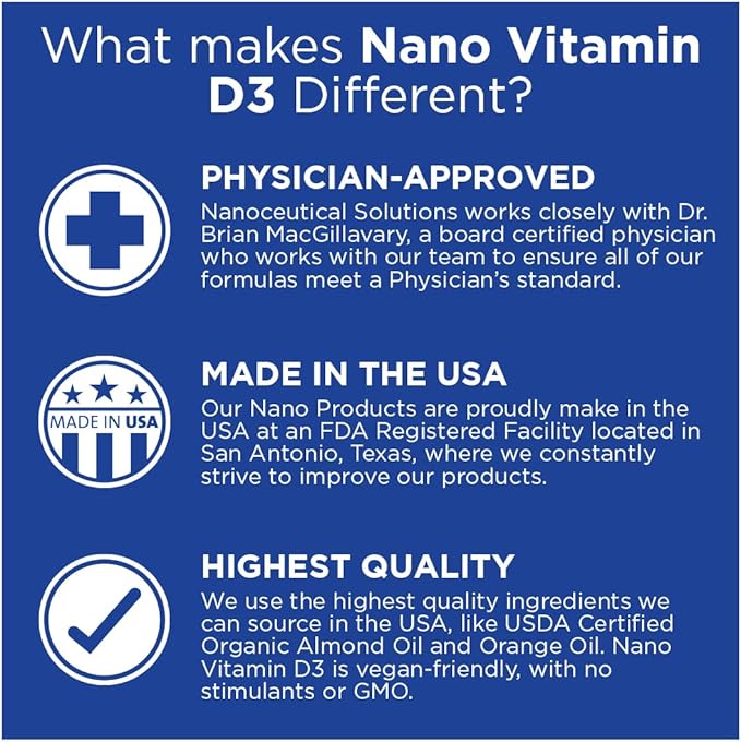 NANO VITAMIN D3 Nanosized liquid drops RAPID ABSORPTION 5000 IU potent formulation Strengthens bone &amp muscle supports healthy heart. 30 ml bottle 1 month supply.