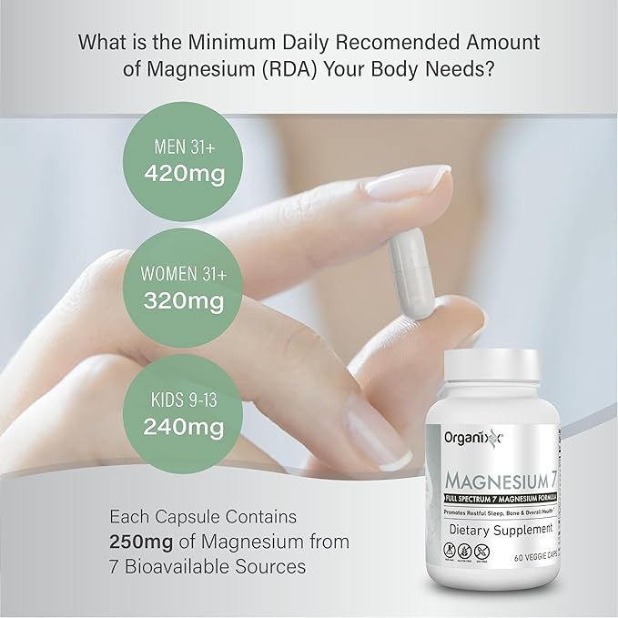 Organixx Magnesium 7 Supplement Natural Magnesium Capsules for Sleep Support Muscle Recovery with Vitamin B6 and Manganese Citrate and Glycinate Vegan Non GMO 180 Count (60 Capsule 3 Pack)