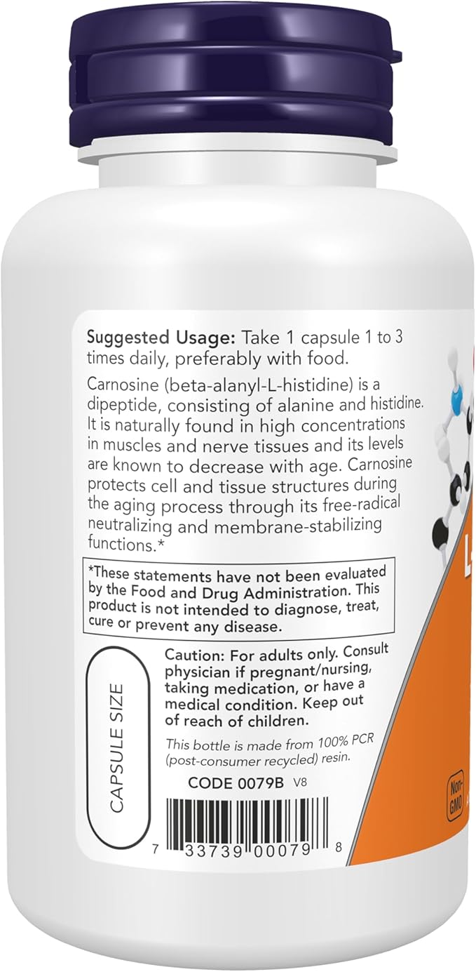 NOW Foods Supplements L-Carnosine (Beta-Alanyl-L-Histidine) 500 mg Healthy Aging 100 Veg Capsules