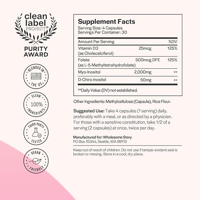 Myo-Inositol &amp D-Chiro Inositol Capsules with MTHF Folate Vitamin D| Support for Ovarian Function Hormone Balance &amp Homocysteine Levels | Fertility Supplements for Women | 40:1 Ratio