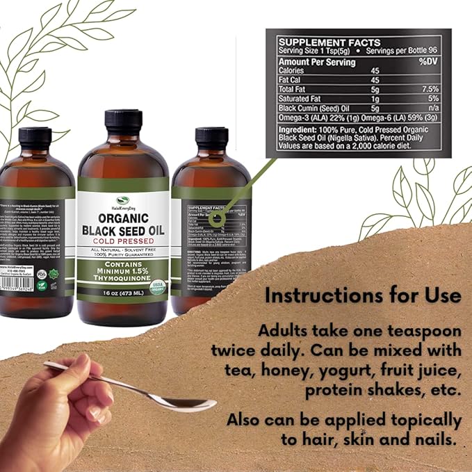 HalalEveryDay Organic Black Seed Oil - USDA Certified Cold Pressed Glass Bottle Over 1.5% 3X Thymoquinone Turkish Black Cumin Nigella Sativa Non-GMO 100% Pure Blackseed Oil (16oz Glass)